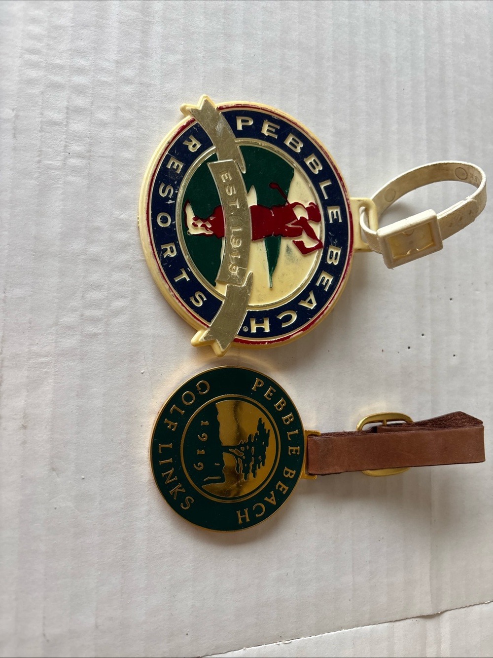 Pebble Beach Blue, Green & Gold Metal Golf Luggage Tags with Leather Straps